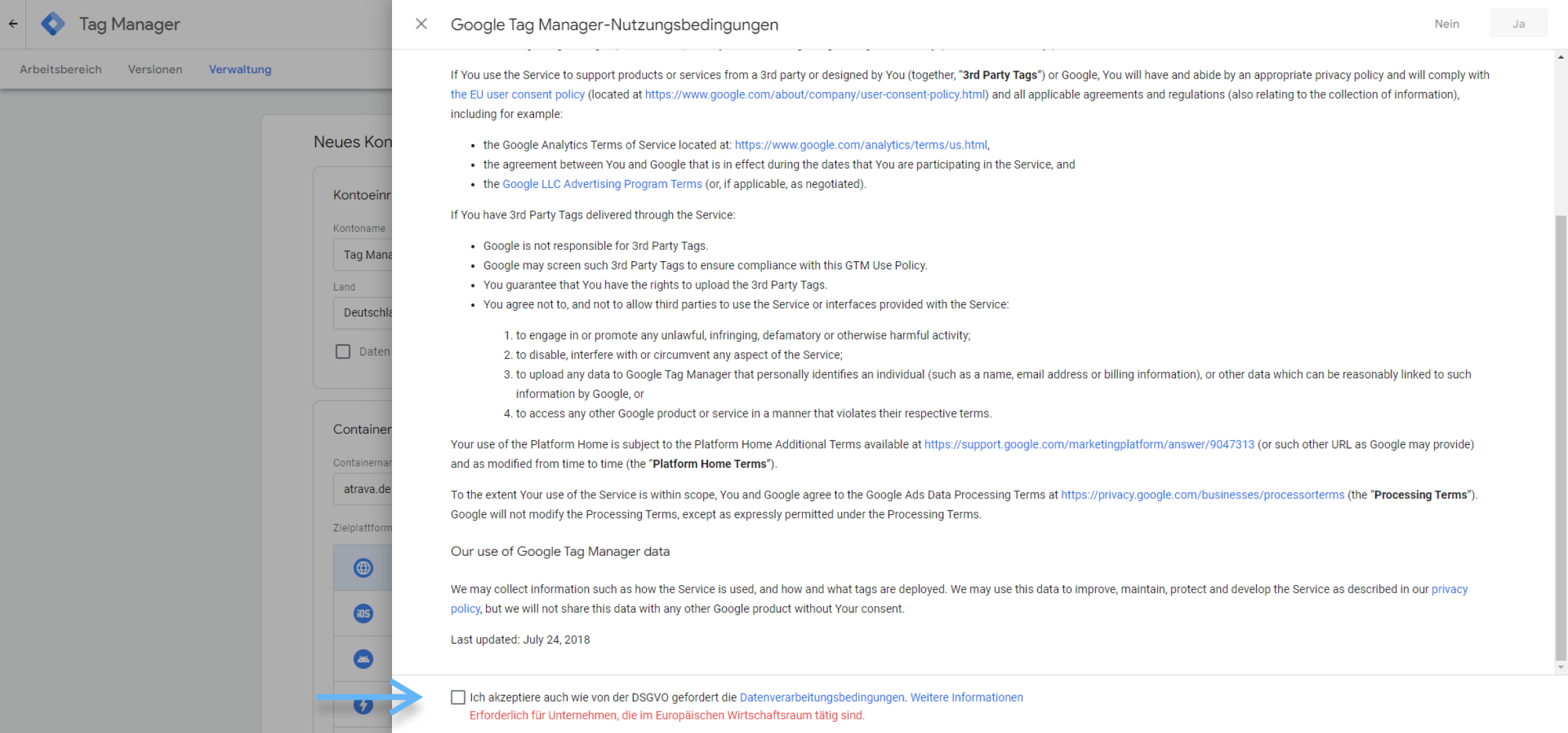 atrava - Google Tag Manager Anleitung - Nutzungsbedingungen zustimmen