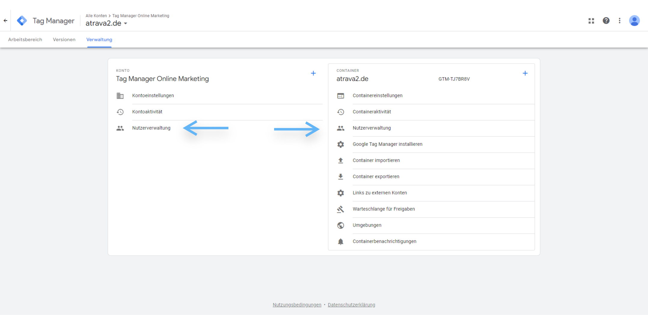 atrava - Google Tag Manager Anleitung - in der Spalte Konto auf Nutzerverwaltung klicken
