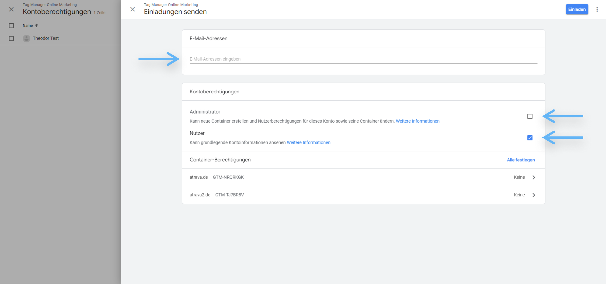 atrava - Google Tag Manager Anleitung - Email-Adresse hinzufügen, Berechtigungen vergeben