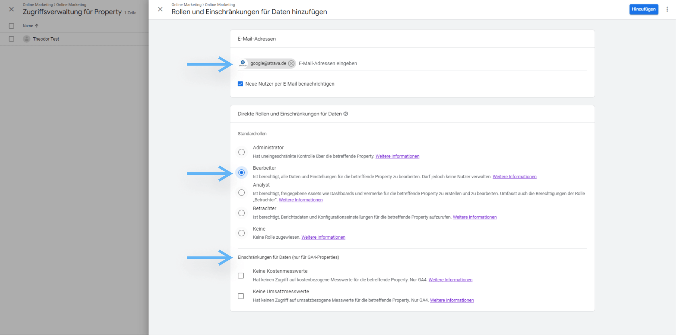atrava - Nutzer Verwalten in Google Analytics 4 Anleitung - E-mail Adressen hinzufügen, Berechtingungen und Einschränkungen festlegen