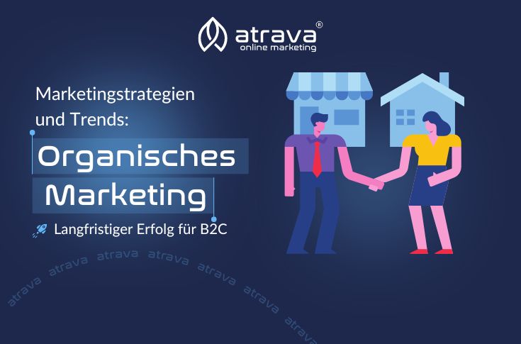 Logo von Atrava Online Marketing Marketingstrategien, organisches Marketing für B2C auf dunkelblauem Hintergrund.