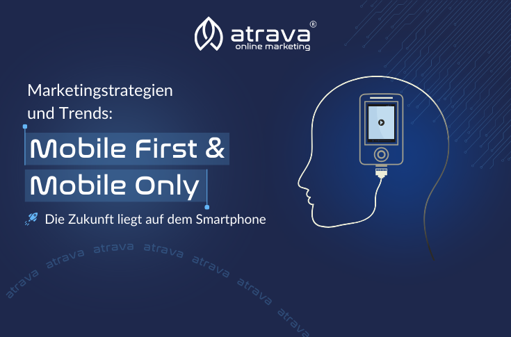 Logo von Atrava Online Marketing über der Überschrift 'Marketingstrategien und Trends: Mobile First & Mobile Only' mit dem Untertitel 'Die Zukunft liegt auf dem Smartphone', abgebildet vor einem dunkelblauen Hintergrund mit einer grafischen Darstellung eines Kopfes, welcher mit einem Handy verbunden ist